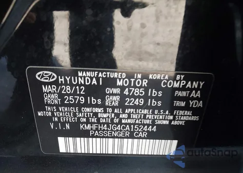 2012 Hyundai Azera из США, поврежденный, VIN KMHFH4JG4CA152444